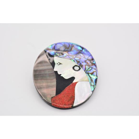 Vintage Cameo Pin Abalone Shell Inlay Woman Profile Mother's Day Artistic BinV - Picture 5 of 12